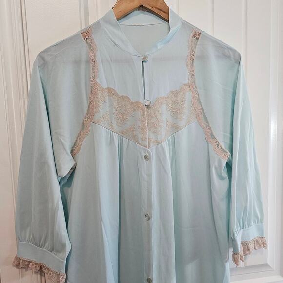 Vintage Lace Robe Womens Size Large 80s Pastel Blue Satin Cottage Romantic Retro - Picture 3 of 11